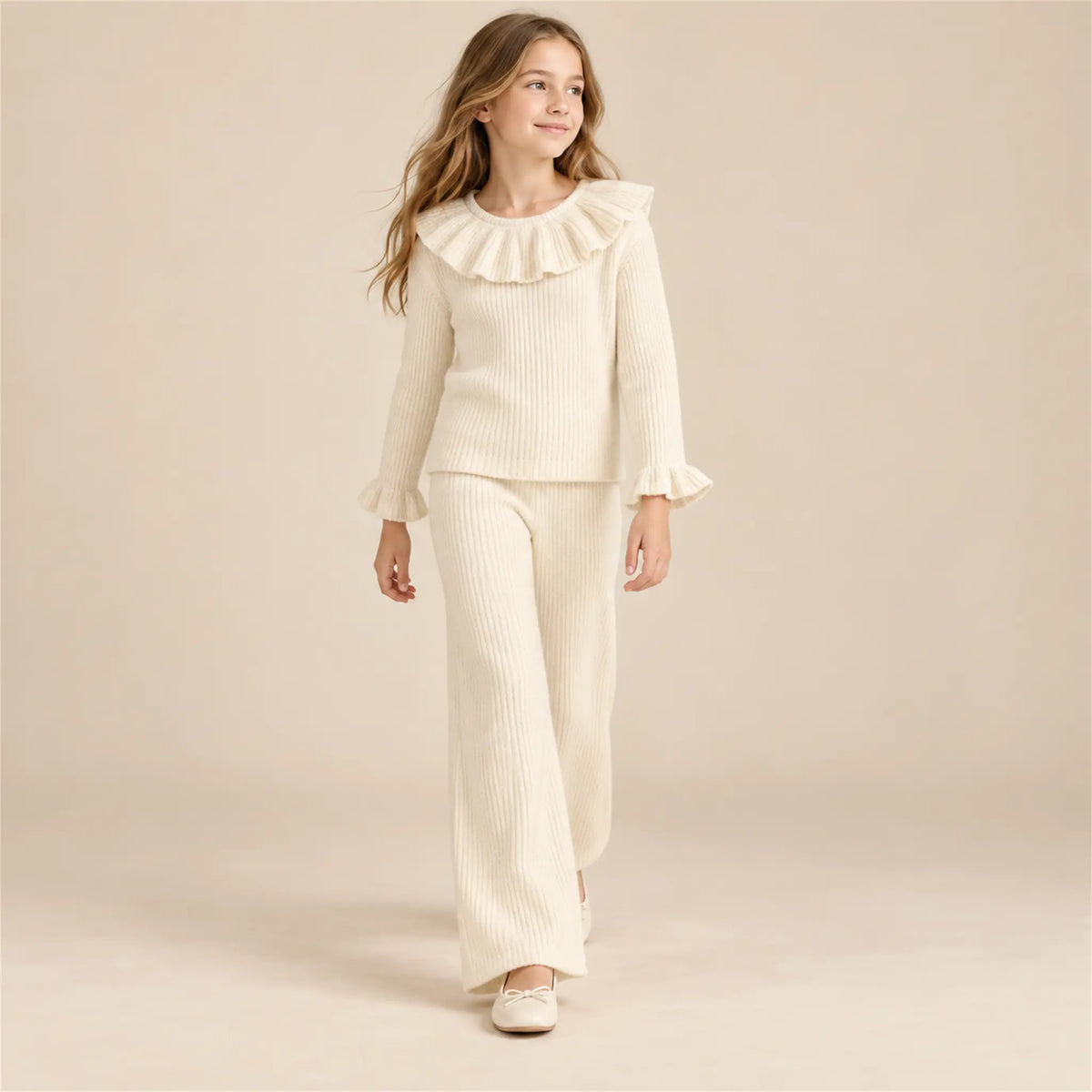 Beige studio lookbook: Ava Jumper &amp; Salia Pants; 12Y; full-body child model; look 2