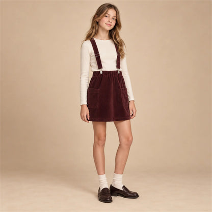 Beige studio lookbook: Shoulder Strap Skirt Mia Tawny Port; 13-14Y; full-body child model; look 1