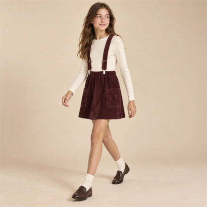 Beige studio lookbook: Shoulder Strap Skirt Mia Tawny Port; 13-14Y; full-body child model; look 2