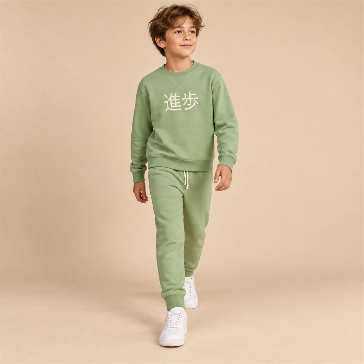Beige studio lookbook: Crewneck Sweater &amp; Sweatpants; 11Y; full-body child model; look 2