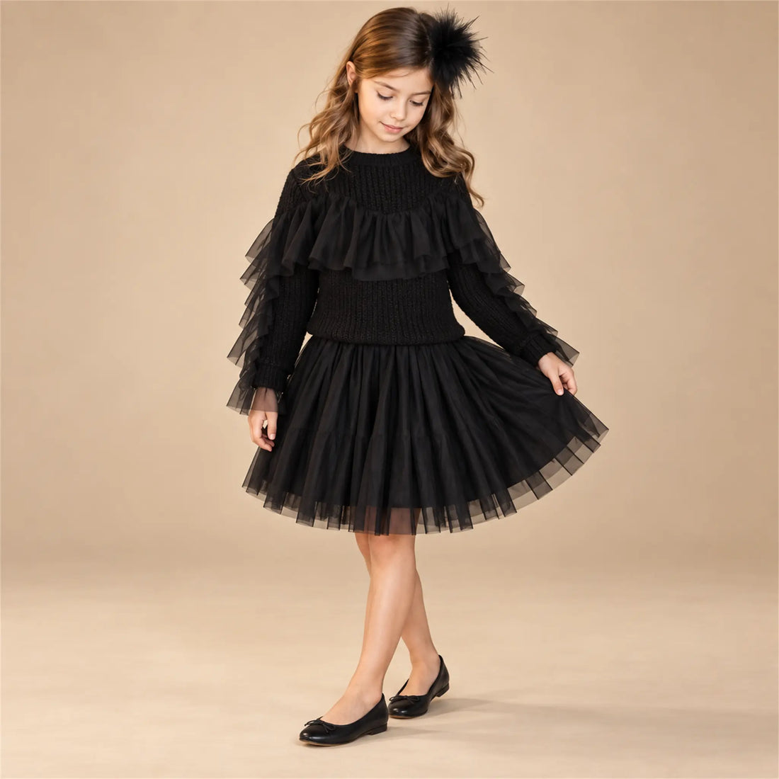 Beige studio lookbook: Glitter Blouse &amp; Skirt - Black; 6Y; full-body child model; look 1
