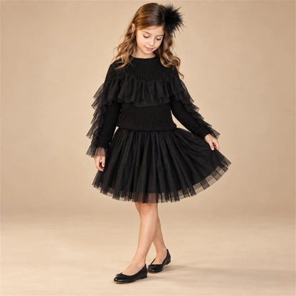 Beige studio lookbook: Glitter Blouse &amp; Skirt - Black; 6Y; full-body child model; look 1