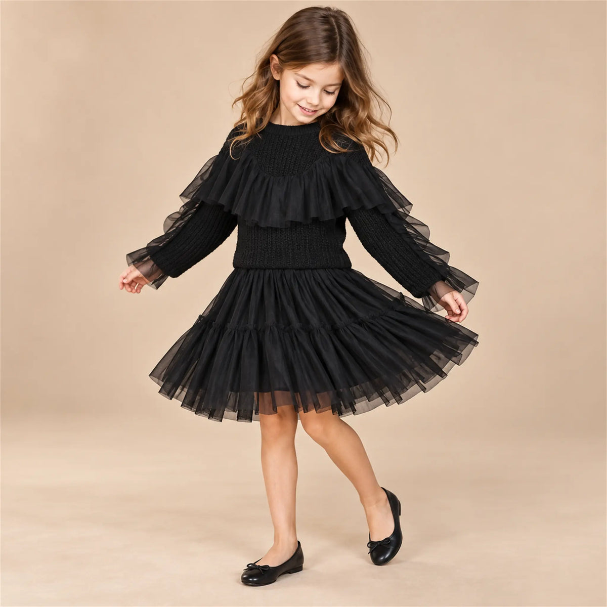 Beige studio lookbook: Glitter Blouse &amp; Skirt - Black; 6Y; full-body child model; look 2