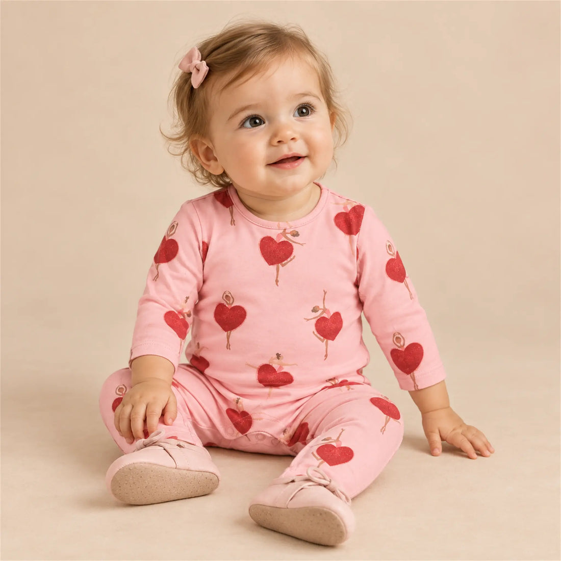 Beige studio lookbook: Ballerinas Organic Cotton Bodysuit; 12M; full-body child model; look 1