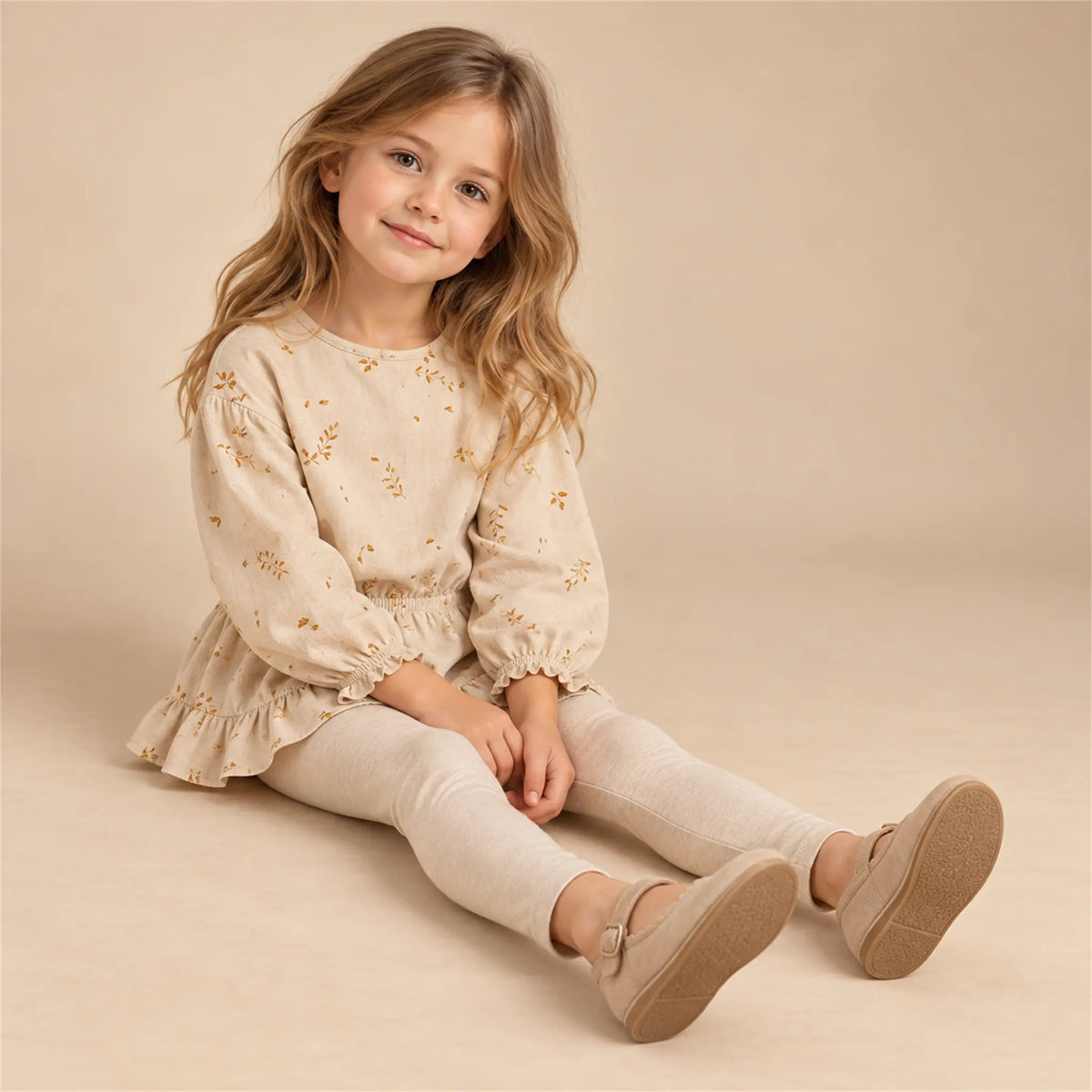 Beige studio lookbook: Tunic with twigs print - Oat; 6Y; full-body child model; look 1