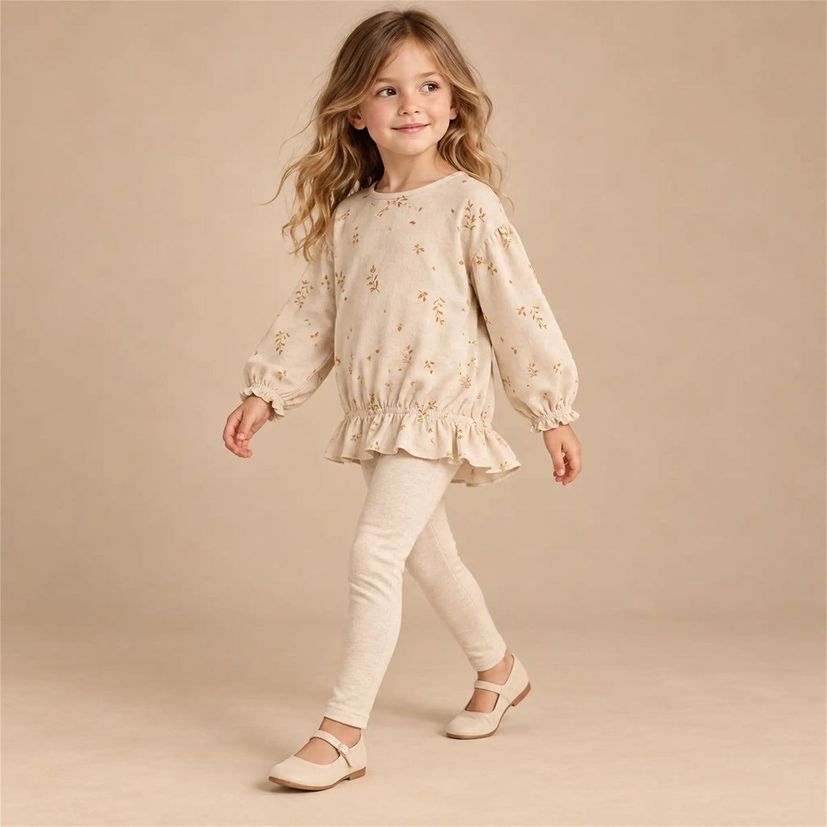 Beige studio lookbook: Tunic with twigs print - Oat; 6Y; full-body child model; look 2