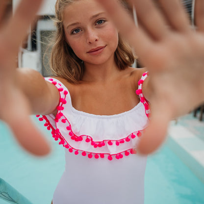 Sissi White Double Layer Pompon Hot Pink