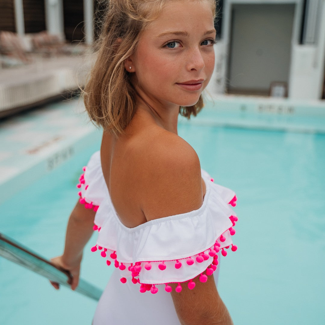 Sissi White Double Layer Pompon Hot Pink
