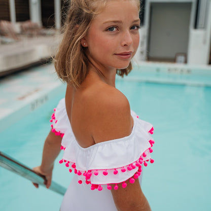Sissi White Double Layer Pompon Hot Pink