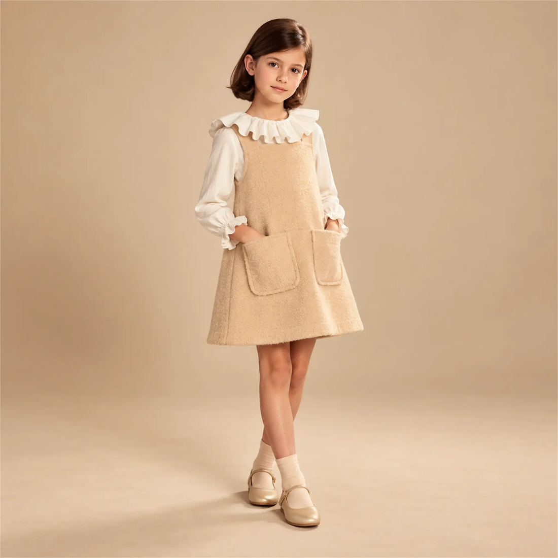 Beige studio lookbook: Teddy Bear Pinafore Dress - Biscuit; 10Y; full-body child model; look 1
