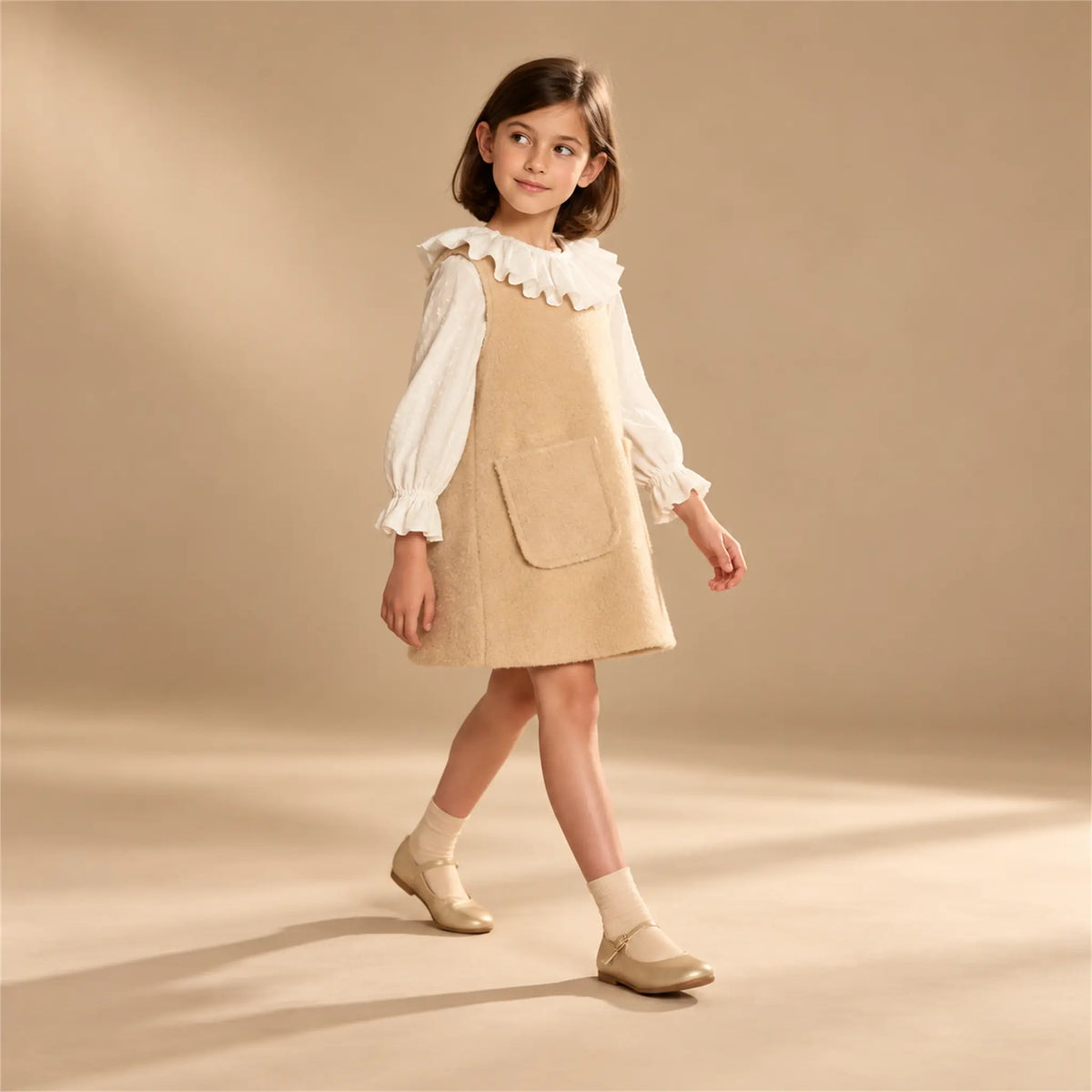 Beige studio lookbook: Teddy Bear Pinafore Dress - Biscuit; 10Y; full-body child model; look 2
