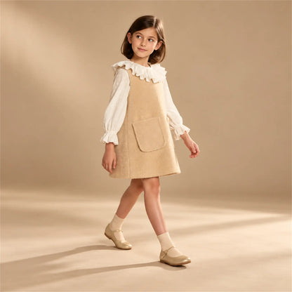 Beige studio lookbook: Teddy Bear Pinafore Dress - Biscuit; 10Y; full-body child model; look 2