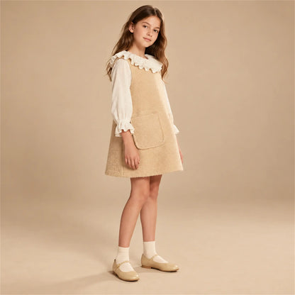 Beige studio lookbook: Teddy Bear Pinafore Dress - Biscuit; 12Y; full-body child model; look 1