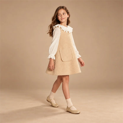 Beige studio lookbook: Teddy Bear Pinafore Dress - Biscuit; 12Y; full-body child model; look 2