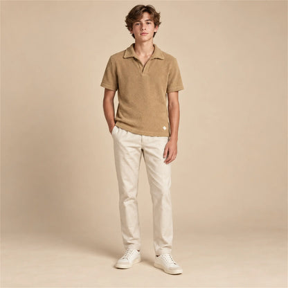Beige studio lookbook: Boy Terry Knitted Polo Shirt - Brown; 16Y; full-body child model; look 1