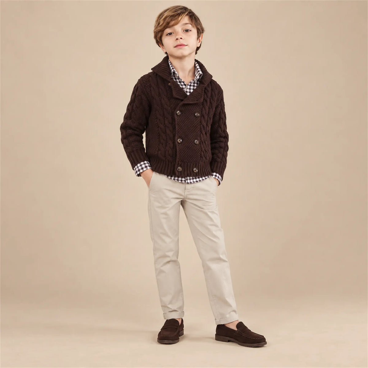 Beige studio lookbook: Boy Double Breasted Knitted - Burgundy; 10Y; full-body child model; look 1
