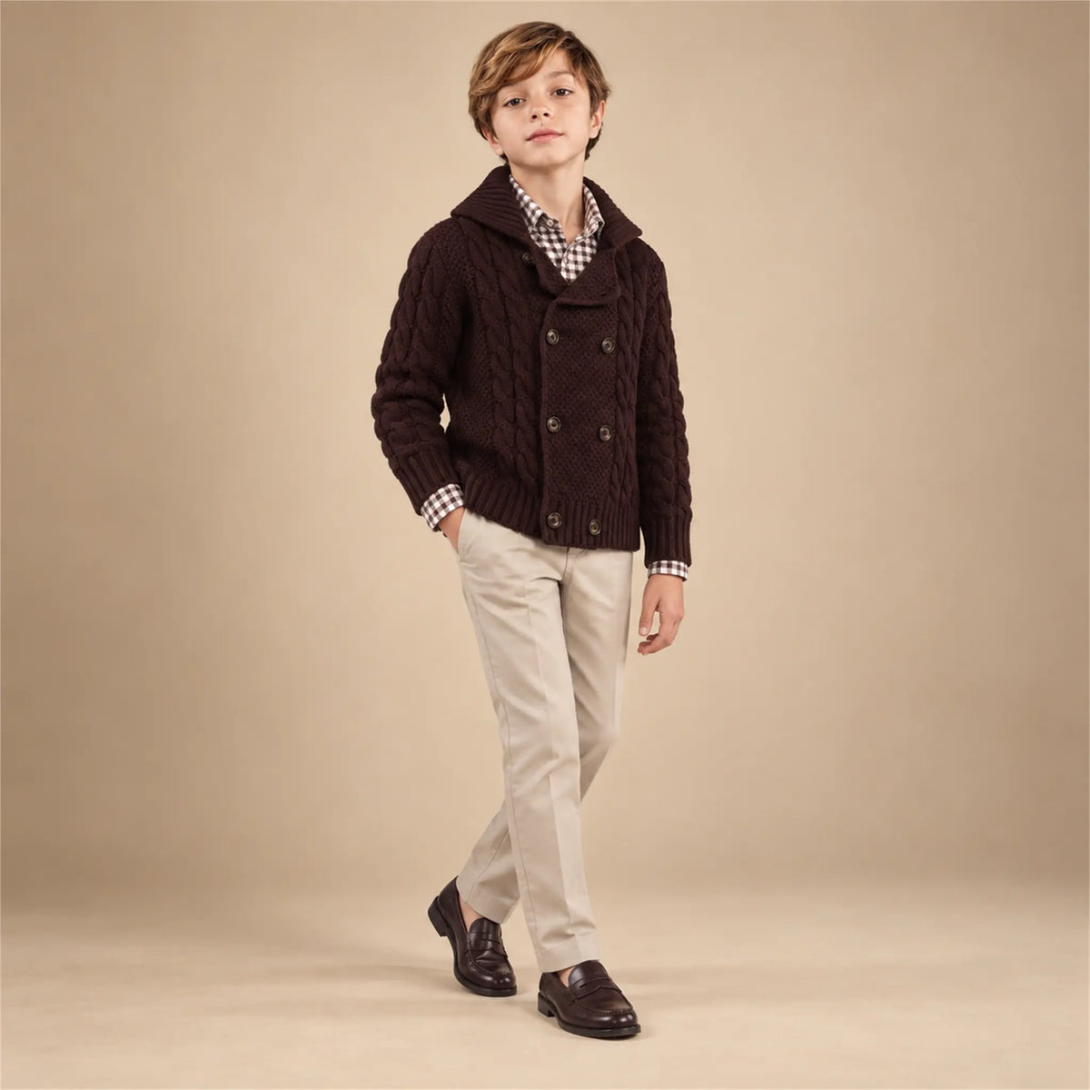 Beige studio lookbook: Boy Double Breasted Knitted - Burgundy; 12Y; full-body child model; look 1