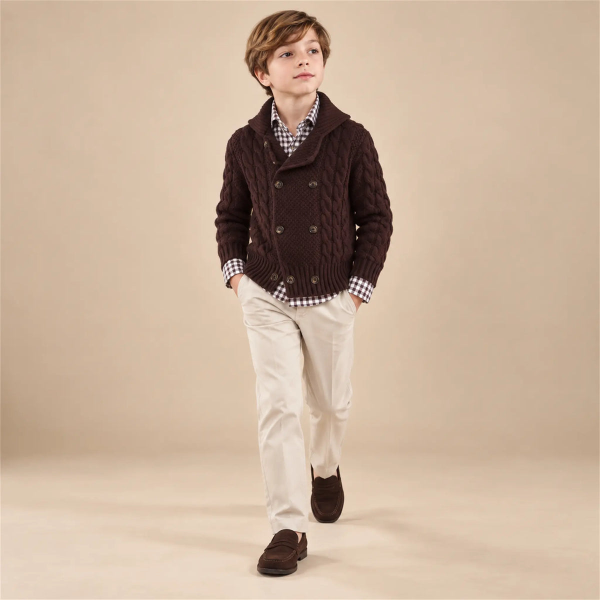Beige studio lookbook: Boy Double Breasted Knitted - Burgundy; 12Y; full-body child model; look 2