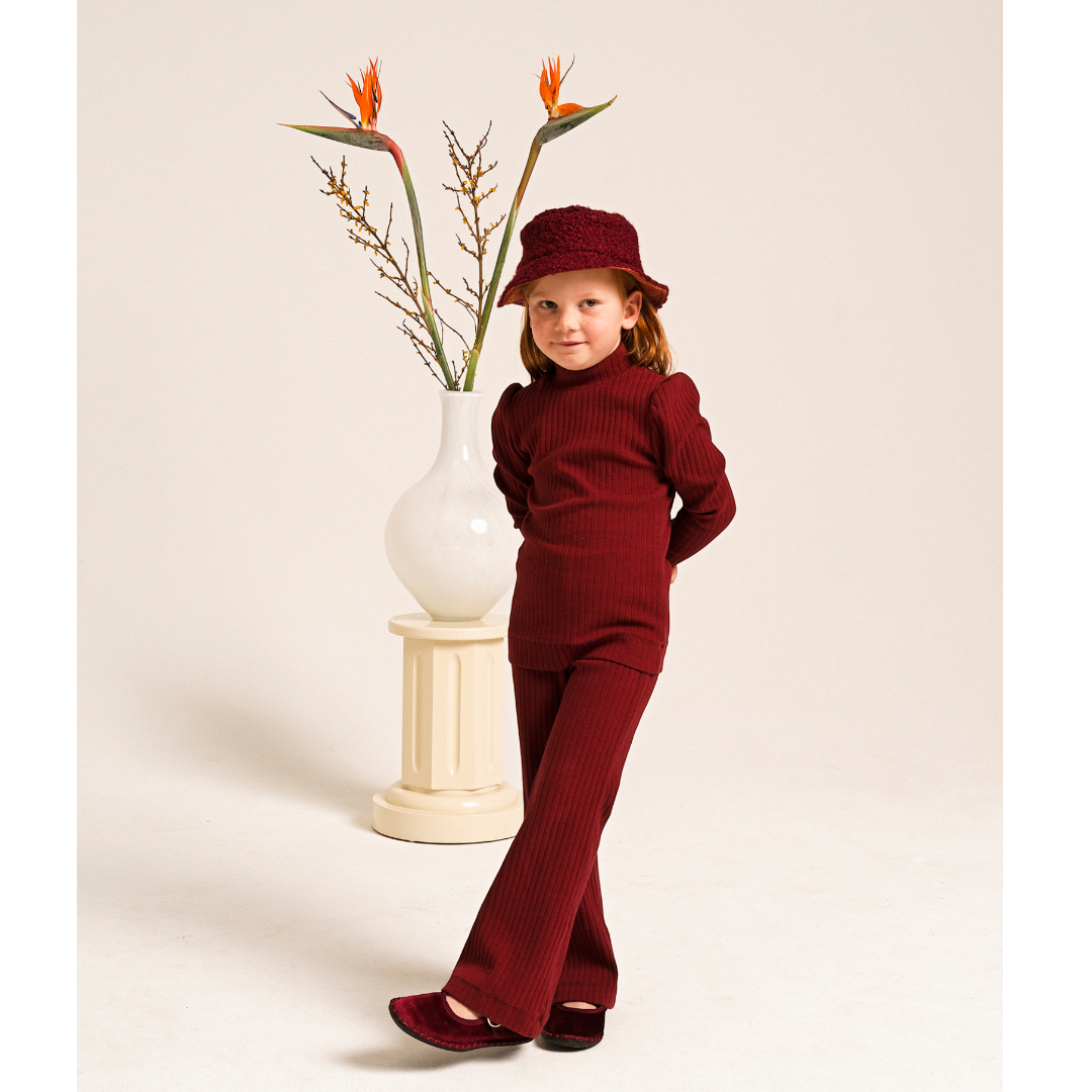 Girls Ribbed T-shirt &amp; Flared Leggings  - Burgundy