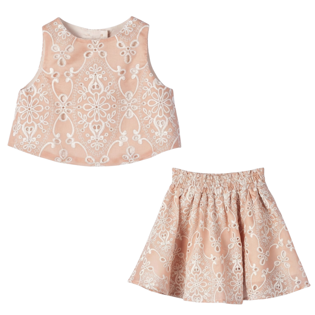 Girls Peach Quartz Embroidered Lace Top &amp; Skirt Set