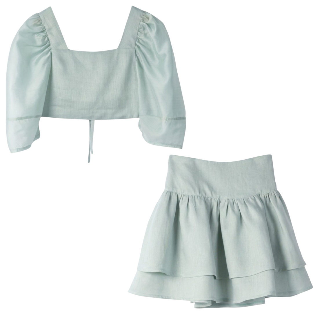 Girls Dusty Aqua Linen Top &amp; Double Ruffle Skirt Set