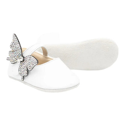 BabyWalker White Leather Baby Ballerina Shoes with Side Crystal Butterfly BABYWALKER