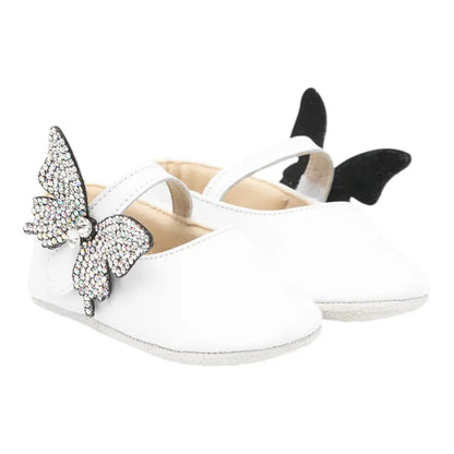BabyWalker White Leather Baby Ballerina Shoes with Side Crystal Butterfly BABYWALKER
