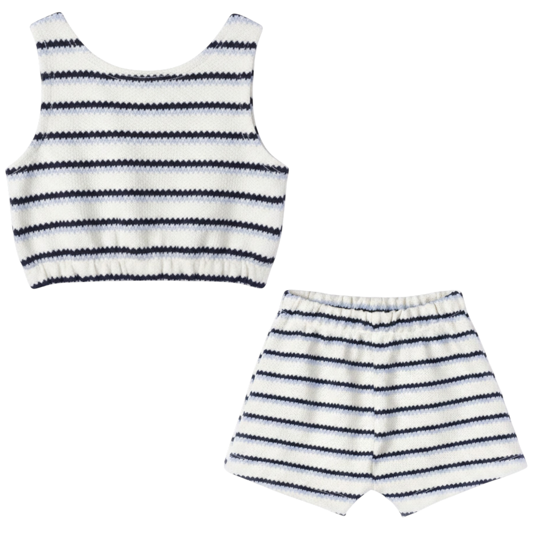 Girls Sugar Navy Jacquard Striped Knitted Top &amp; Shorts Set
