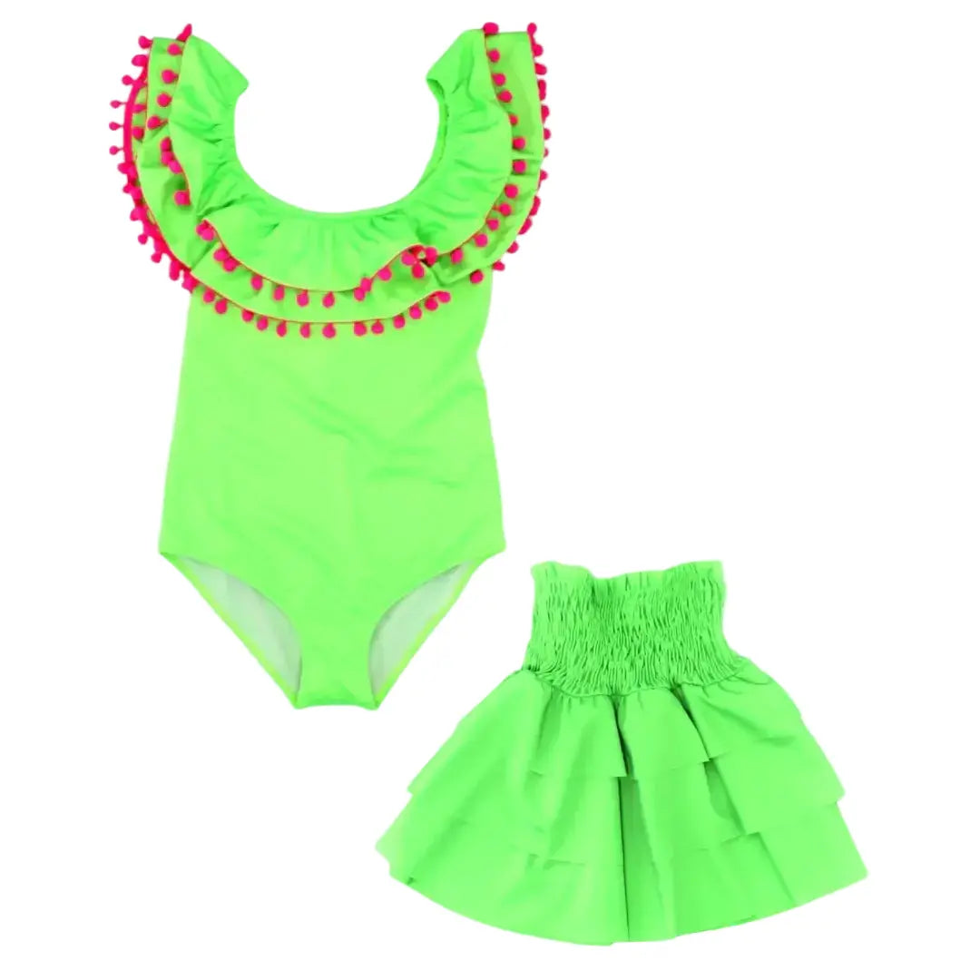 Sissi Lime Neon Green One Piece &amp; Skirt PICCOLI PRINCIPI SWIMWEAR