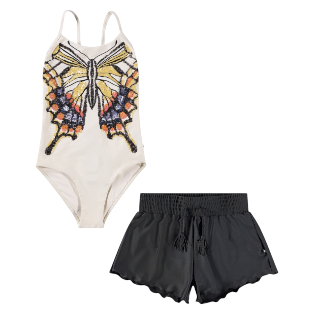 Girls Glitter Wings Swimsuit &amp; Black Trunks Set
