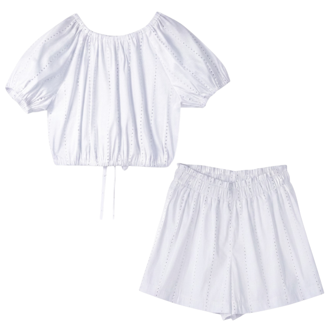Girls White Rhinestone Poplin Top &amp; Bermuda Shorts Set