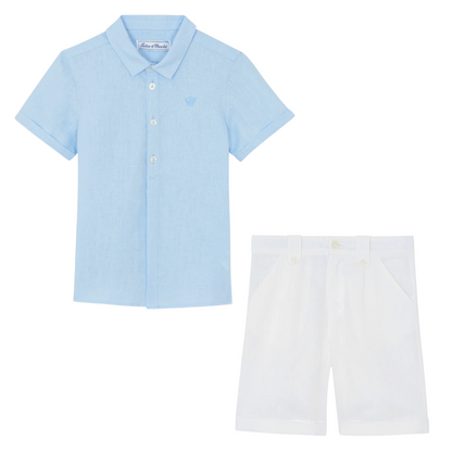 Boys Blue Cloud Linen Shirt &amp; White Linen Shorts Ceremony Set
