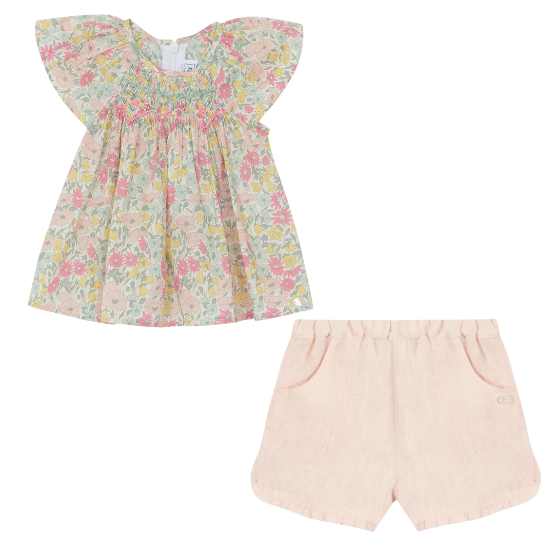Girls Liberty Print Blouse &amp; Pale Pink Linen Shorts Set