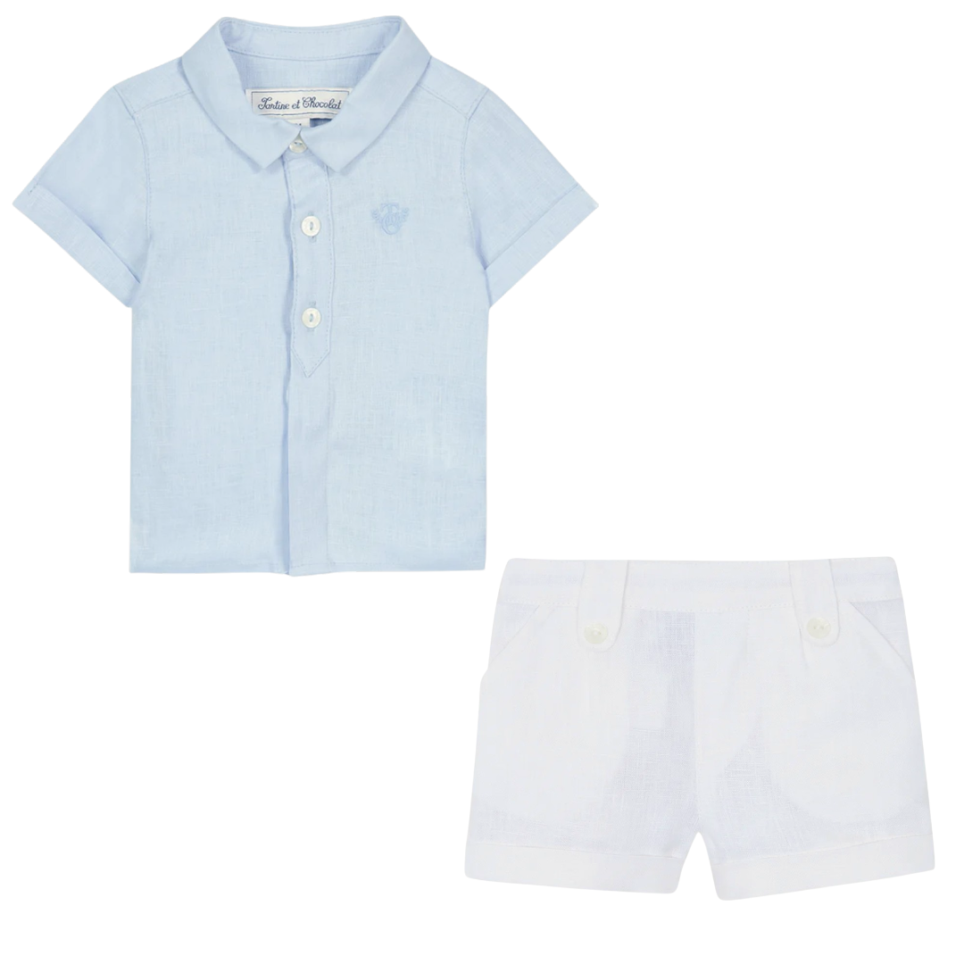 Boys Sky Blue Linen Shirt &amp; White Linen Shorts Set
