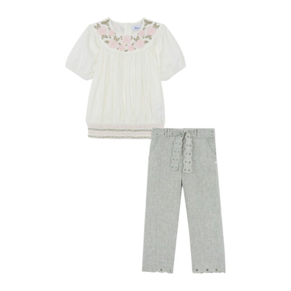 Girls Hand Embroidered Top &amp; 100% Linen Embroidery Trousers
