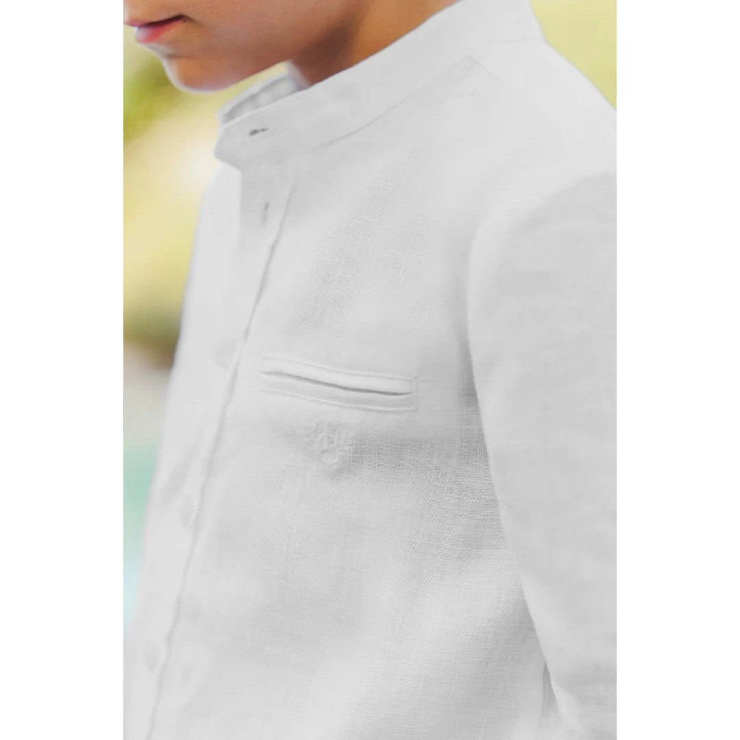 100% White Linen Chinese Collar Shirt & Green Shorts