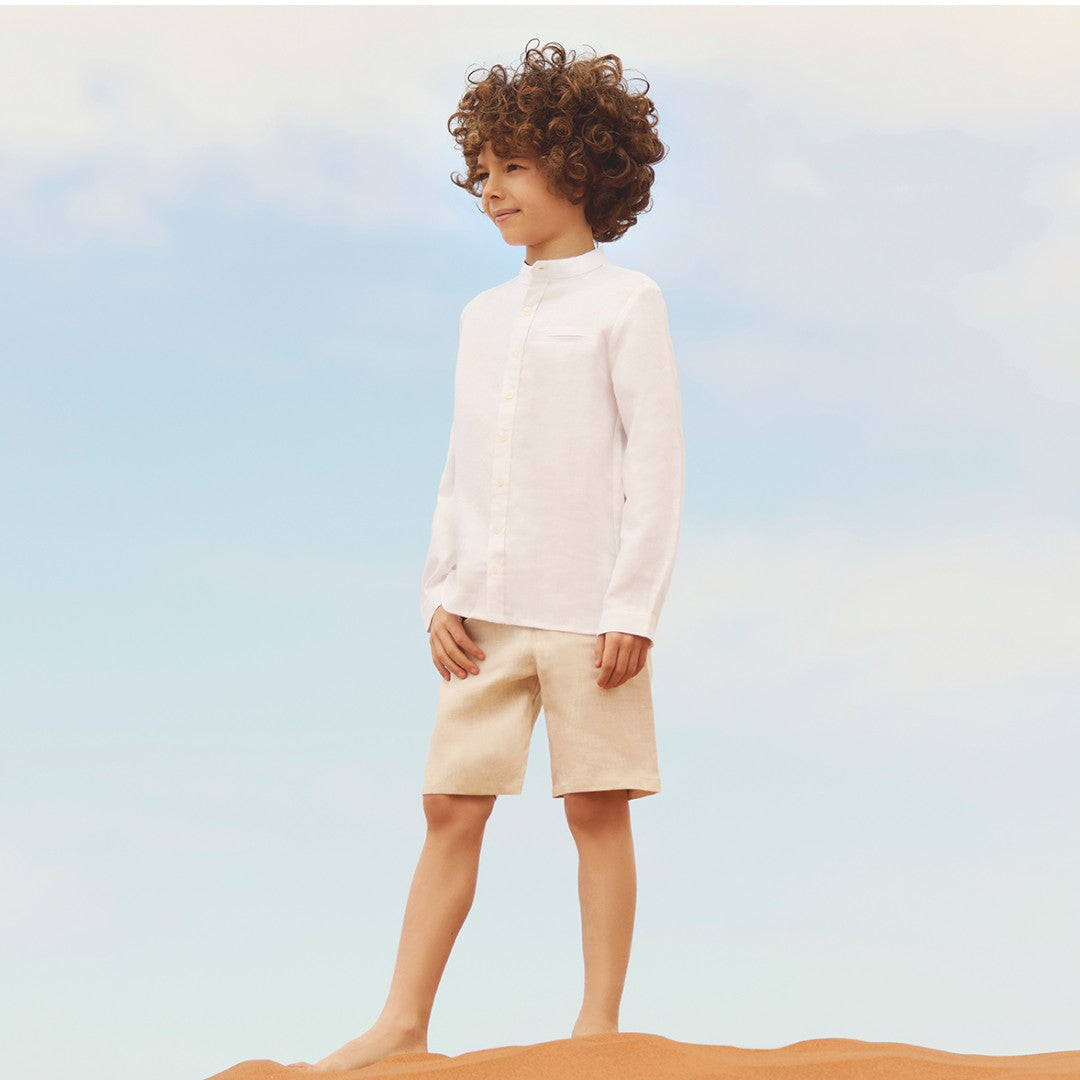100% White Linen Chinese Collar Shirt & Beige Shorts