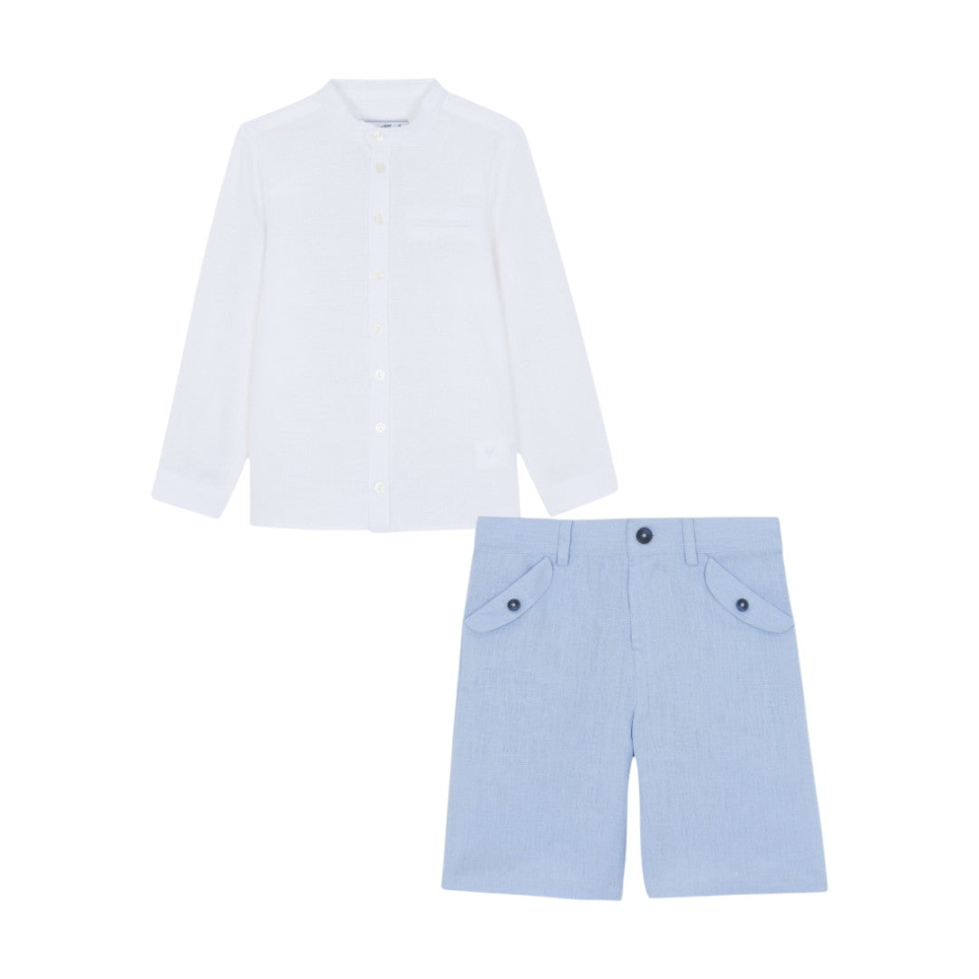 100% White Linen Chinese Collar Shirt & Sky Blue Shorts