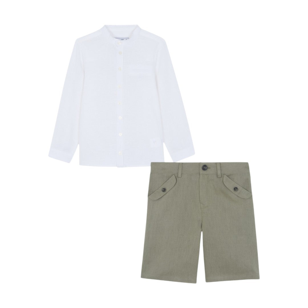 100% White Linen Chinese Collar Shirt & Green Shorts