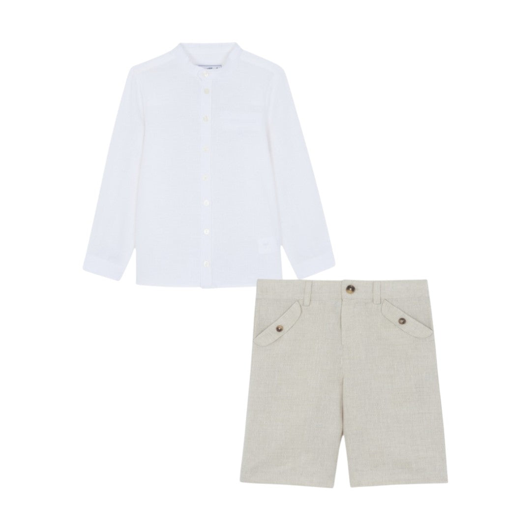 100% White Linen Chinese Collar Shirt & Beige Shorts