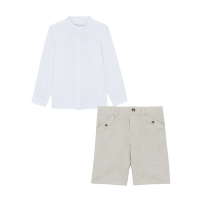 100% White Linen Chinese Collar Shirt &amp; Beige Shorts