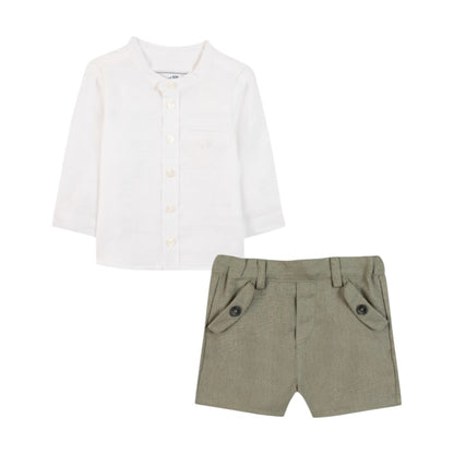 100% White Linen Baby Shirt &amp; Green Shorts