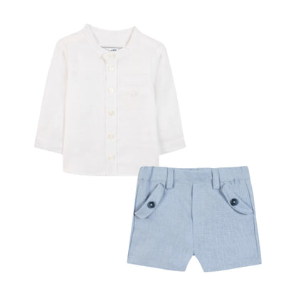 100% White Linen Baby Shirt &amp; Sky Blue Shorts