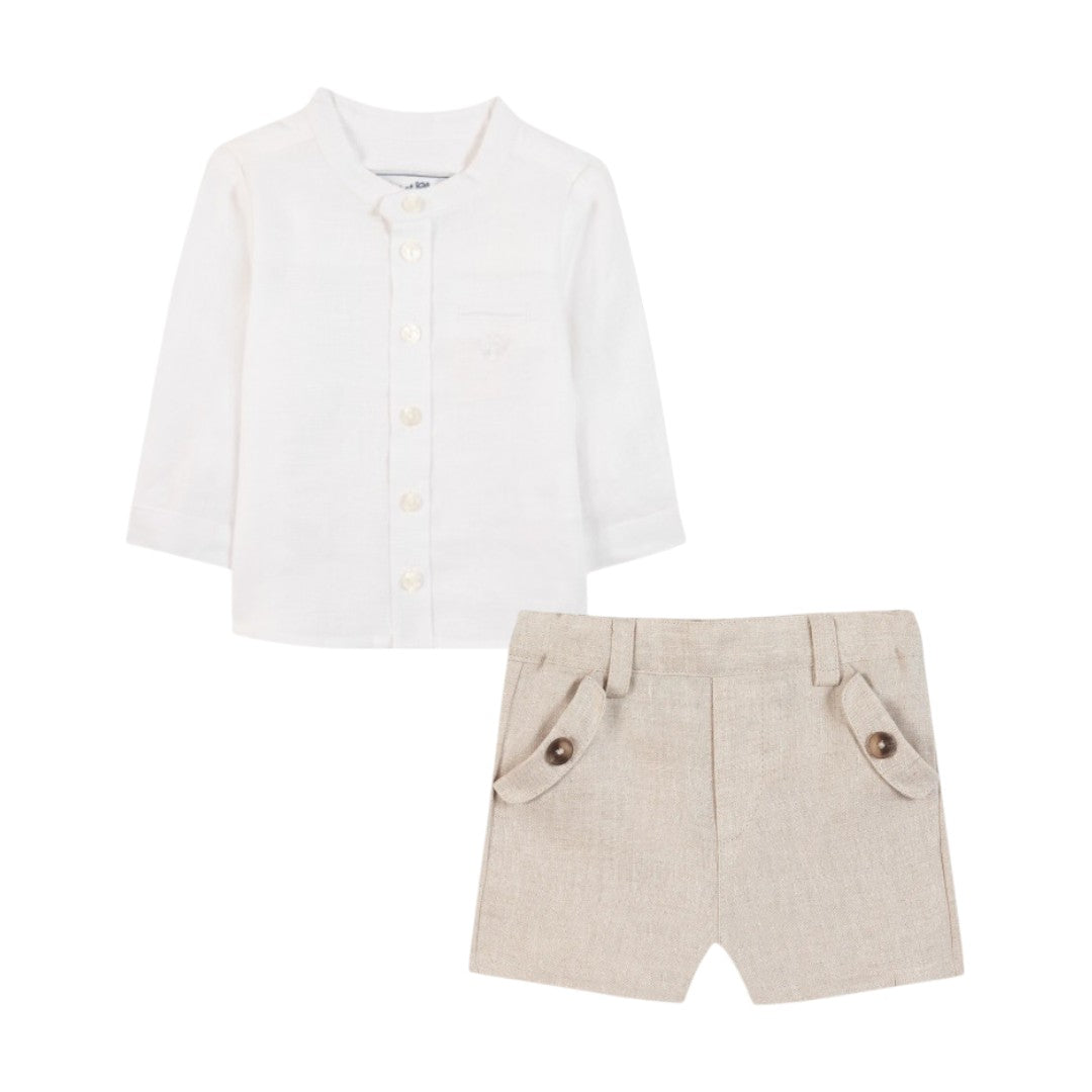 100% White Linen Baby Shirt & Beige Shorts