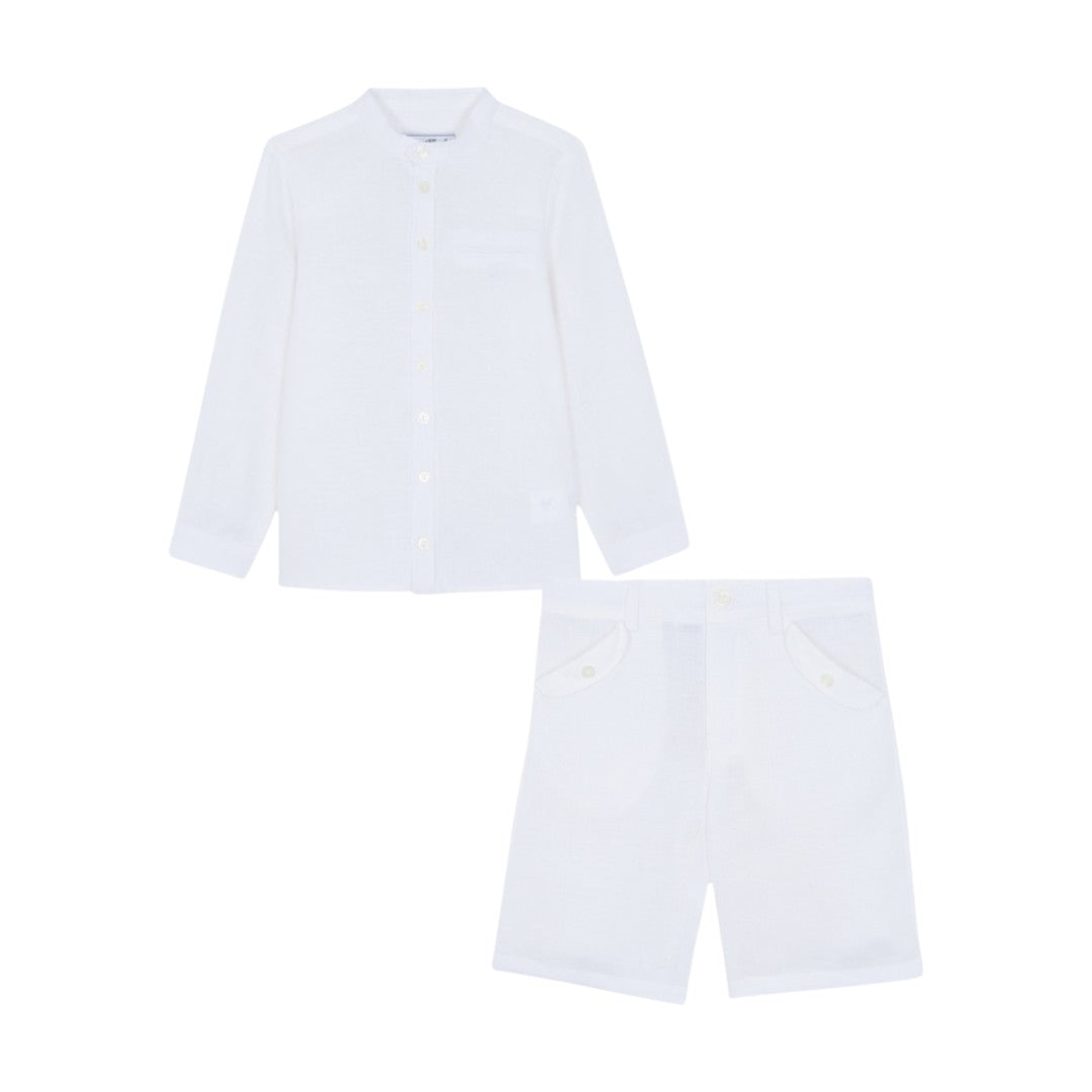 100% White Linen Chinese Collar Shirt &amp; White Shorts