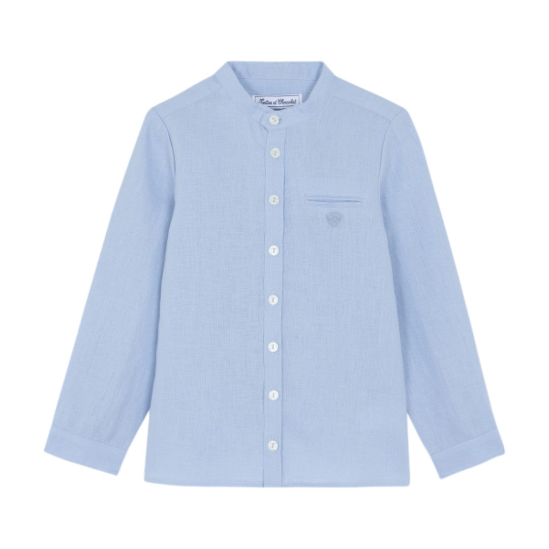 100% Linen Chinese Collar Shirt - Blue