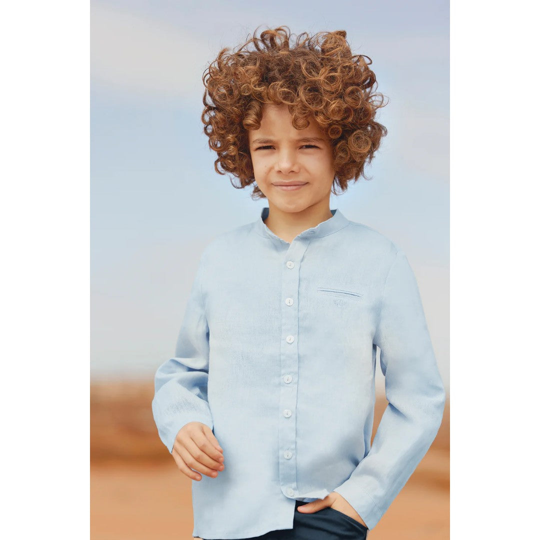 100% Linen Chinese Collar Shirt - Blue