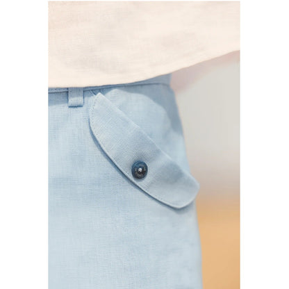 100% White Linen Chinese Collar Shirt &amp; Sky Blue Shorts