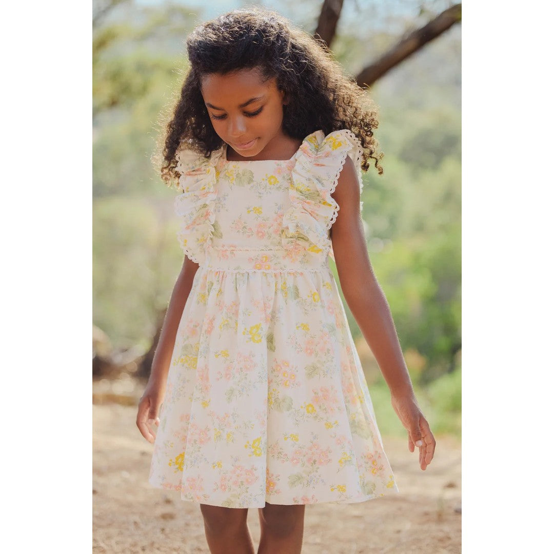 Linen Dress Flower Print - Ecru