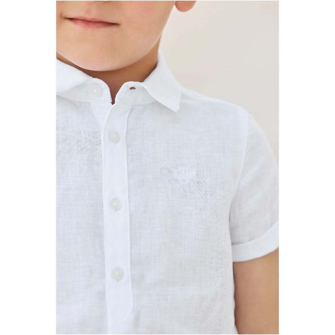 Boys White Linen Shirt &amp; Sand Linen Ceremony Shorts Set